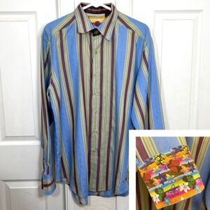 Robert Graham Button Down Shirt Flip Cuff Blue Green Striped Retro Size L